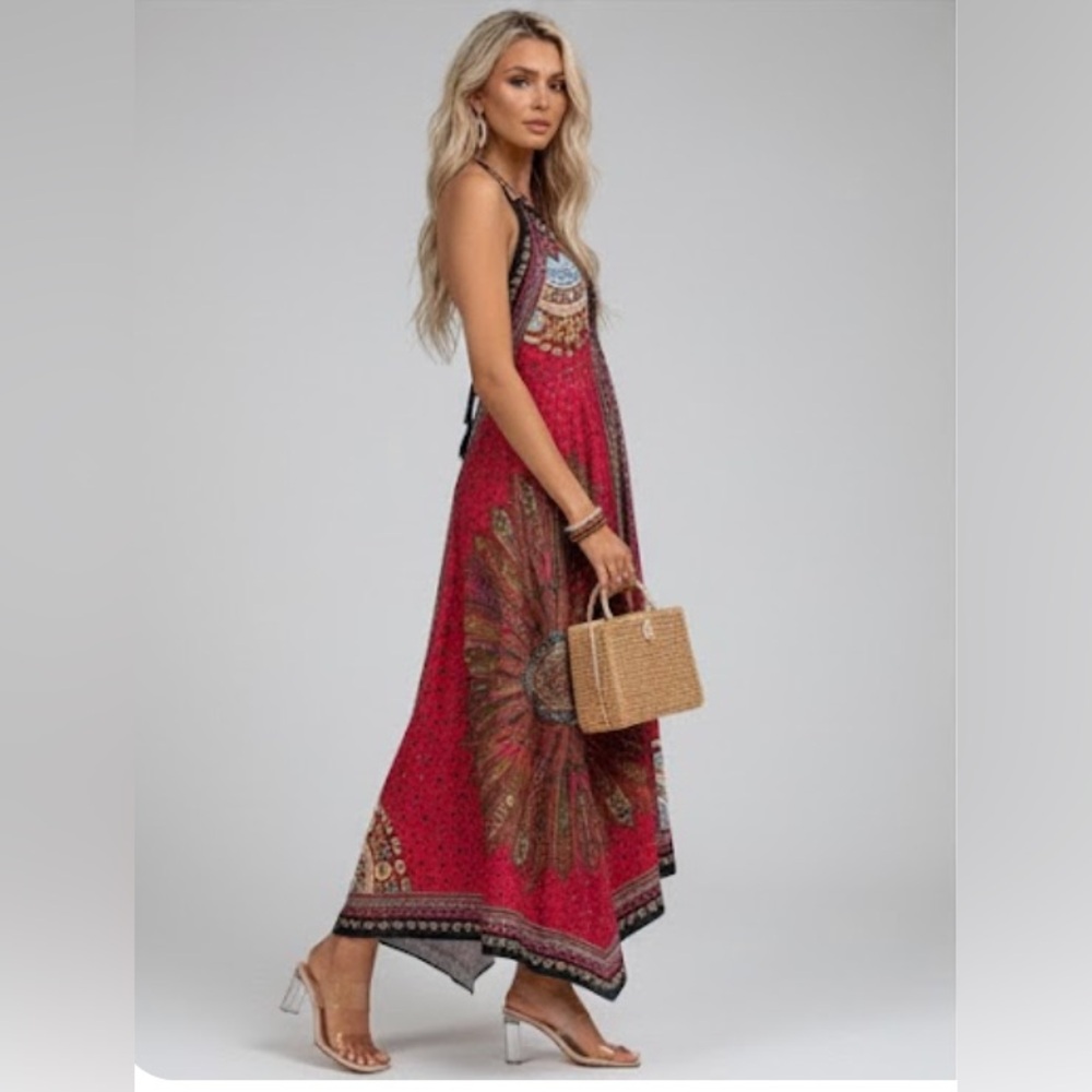 Boho Halter Neck Asymmetrical Hem Maxi Dress - Picture 3 of 8